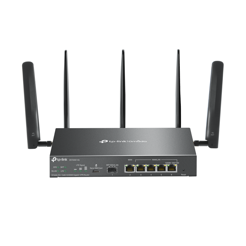 TP-Link ER706W-4G V2 Omada 4G+ Cat6 AX3000 Gigabit VPN Gateway – Dual-Band Wi-Fi 6, SDN Integrated, Multi-WAN, Cloud Managed