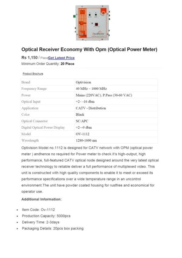 Optivision High-Performance CATV Receiver OV-1112 OPM Optical Node