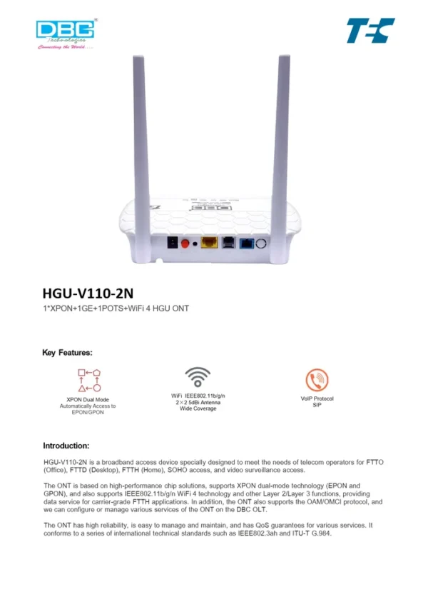 DBC HGU-V100-2N xPON ONU Single Band Modem with Wifi