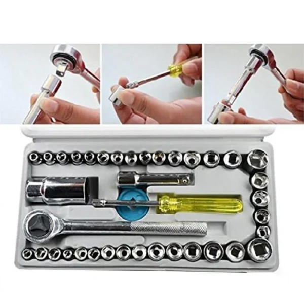 Description Includes 1 pc 3/8"""" reversible ratchet handle, 14 pcs 1/4"""" dr.metric sockets, 14pcs 1/4"""" dr.sae socket, 3pcs 1/4"""" dr.sae socket (8pt) 1/4"""", 5/16"""", 3/8"""", 1pc 3/8"""" dr.x3""""ext.bar, 1pc 1/4"""" 3/8"""" adaptor, 1pc 3/8"""" dr.x21mm spark plug socket, 1pc 6"""" spinner handle, 2pc 3/8 dr. Metric socket 15 mm/16 mm, 1pc blow case. 100% Waterproof. Junk less. Organized in a portable case. Products serving our daily home needs. Made of stainless steel. Durable product. 40 Pcs combination toolkit by socket-essential power tool accessories for daily One solution for all your household needs. Power-packed features to your delight. Efficiently portable box spanner.